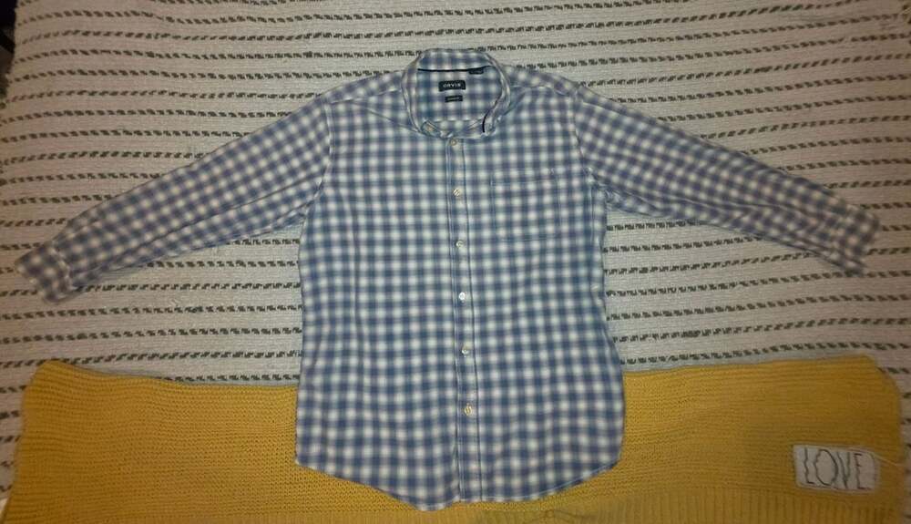 Orvis Classic Fit Blue and White Plaid Long-Sleeve Button-Up Shirt, Size L